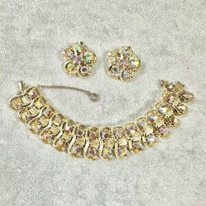 Vintage Aurora Borealis Gold Tone Bracelet And Matching Clip On Earrings Set